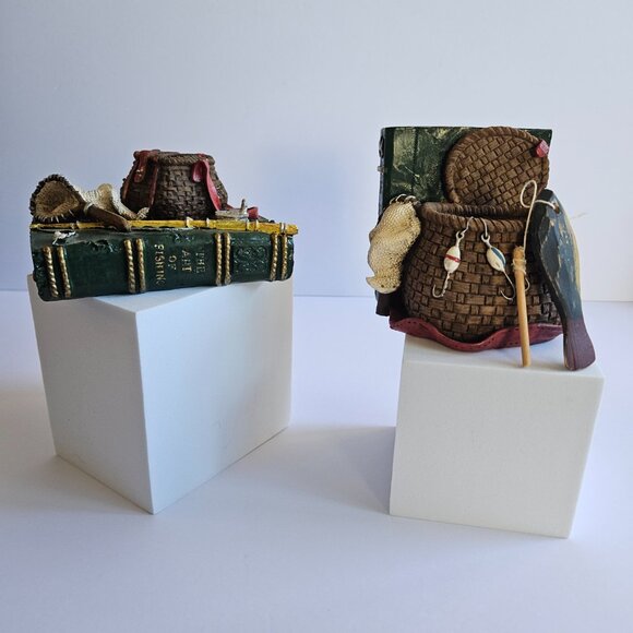 Vtg Fishing Desk Set Figurines with Tackle and Creel Small Resin Bookend - Picture 5 of 16